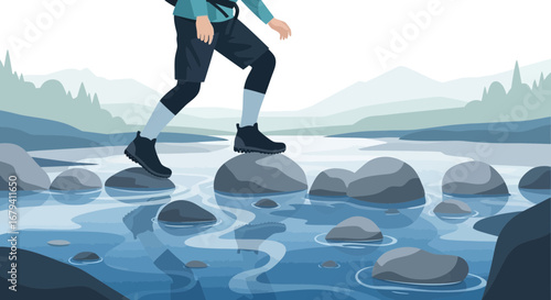 Person Carefully Crossing Stone Steps Over Water Stream, Mountain Scene Hiking Adventure