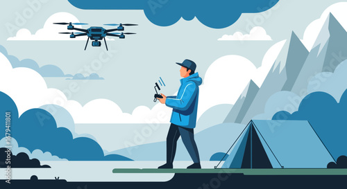 Remote Aviation: A Scenic Drone Flight Over Camping and Majestic Mountain Landscapes