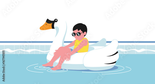 Relaxing Youngster Enjoying The Summertime Sun While Floating On Inflatable Swan In Pool