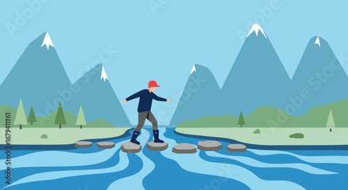 Person Crossing a River Using Stepping Stones with Mountains in the Background