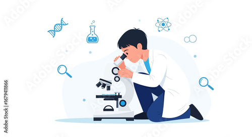 Researcher Utilizing A Microscope With Scientific Symbols For Future Medical Advances