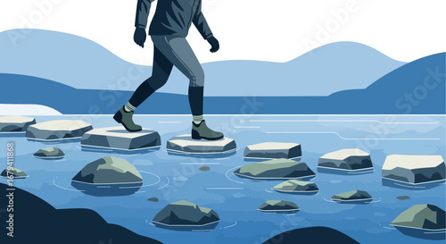 Person crossing a river on stepping stones with mountains in the background
