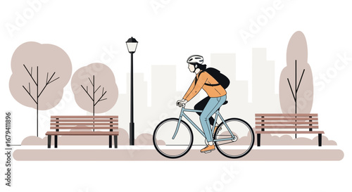 Person Cycling Through a Park with Trees, Bench, and Street Light in Daytime