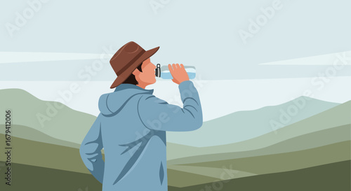 Person Drinking Water Outdoors Amidst Mountainous Vista In A Minimalist Style