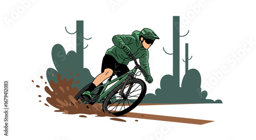 Rider Navigating Muddy Terrain on a Mountain Bike, Illustrated in Graphic Style