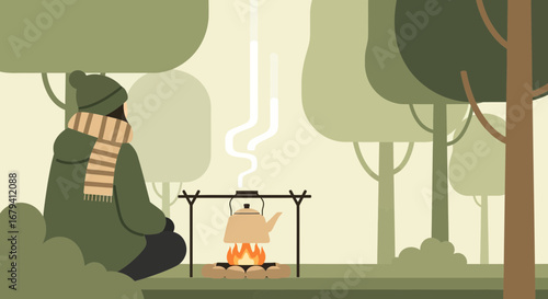 Person Enjoying Camping Adventure With Kettle Over Campfire In Forest Setting