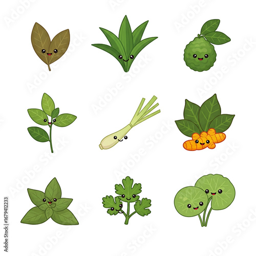 A delightful collection of cute kawaii cartoon characters representing popular Asian herbs and spices for cooking, including basil, pandan, and lemongrass