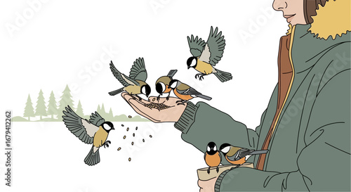 Person feeding small birds in winter illustration with trees in the background