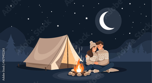 Romantic Camping Adventure Under the Stars: Couple Enjoying Nature and Cozy Bonfire