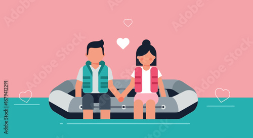 Romantic couple canoeing together on the water, illustration of love and adventure