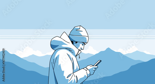 Person Glancing At Phone With Mountain Landscape In The Background Blue Tones