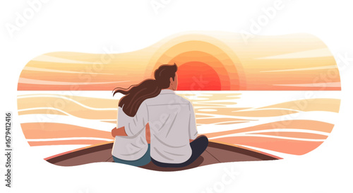 Romantic Couple Watching Sunset, Embracing, Appreciating Calm Serene View Together