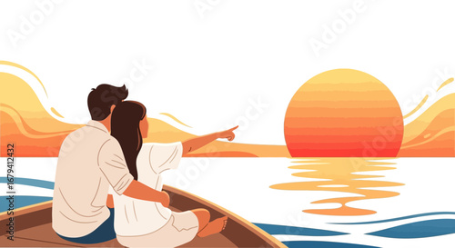 Romantic Sunset Boat Ride: A Couple Enjoying the Sun Over Water and Waves
