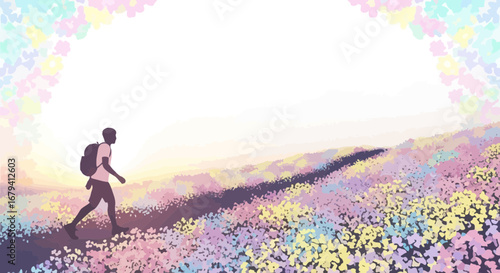 Person Hiking On Pathway Through Vibrant Flora Artistic Illustration At Sunset Gradient.