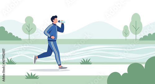 Runner drinking water while jogging in a park for health and fitness illustration