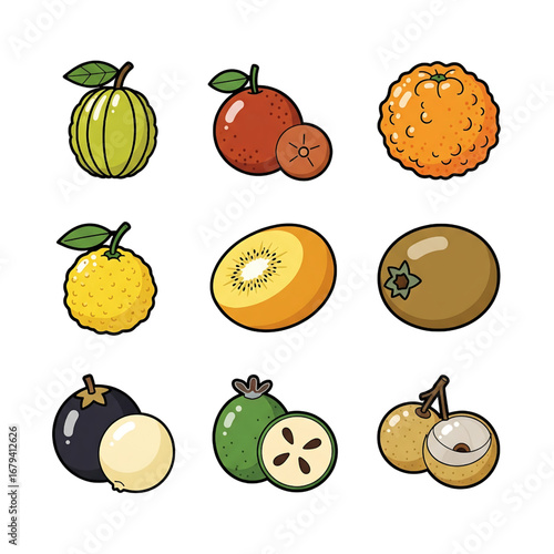 Vibrant and detailed icon set of nine different fruits, showcasing a diverse assortment of tropical and citrus varieties for healthy diet designs