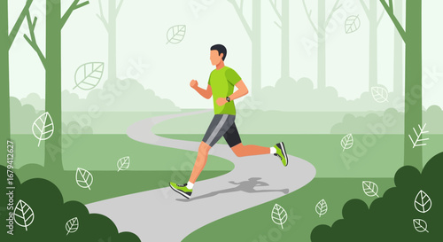 Runner Enjoying A Peaceful Morning Sprint Along Scenic Forest Path In Natural Environment