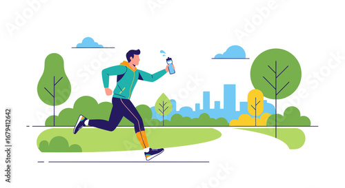 Runner Enjoying His Refreshing Drink During Early Morning Exercise In The Park
