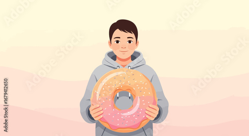 Person Holding Large Donut Cartoon Illustration Sweet Treat Concept Background