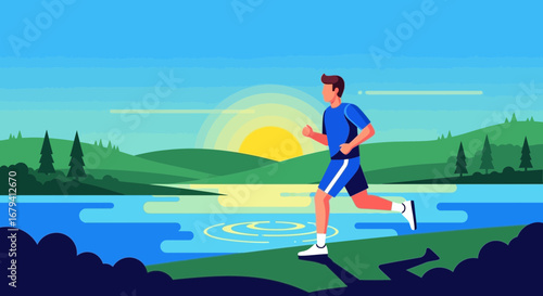 Runner Enjoys Scenic Morning Sprint Near Tranquil Lake and Lush Green Hills
