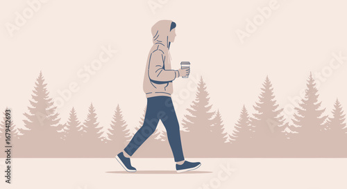 Person In Hoodie Strolling With Coffee In Nature With Tranquil Backdrop Of Pine Trees