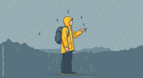 Person In Yellow Raincoat Enjoying the Weather Under Rain with Backpack Hiking Scene