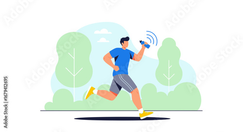 Runner Hydrating Outdoors with Wireless Bottle Communicating Data of Health Parameters