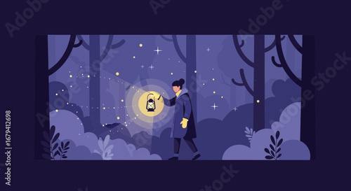 Person Illuminated By Lantern Amidst Dark Forest, Navigating The Twilight Hours