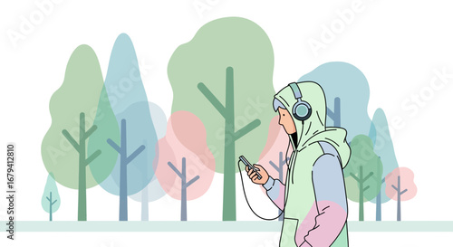 Person listening music on a smartphone in the nature park environment with trees vector illustration