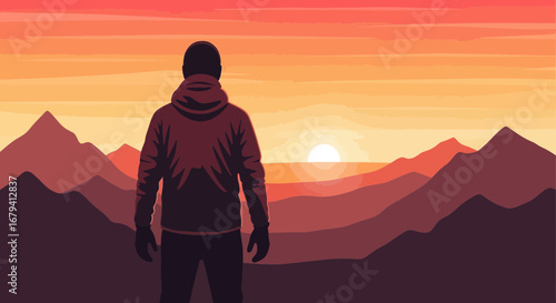 Person Looking at Sunset Over Mountains Vector Illustration Art Design