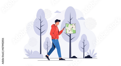 Person Navigating A Digital Map While Strolling In A Serene Park Environment