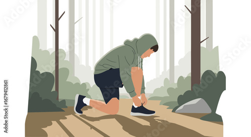 Runner Preparation: Athlete Kneeling In Forest, Lacing Up Shoe, Ready For Outdoors