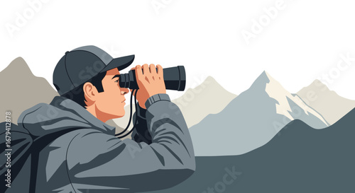 Person Observing Mountain Range with Binoculars: Adventure, Exploration, and Outdoor Activities