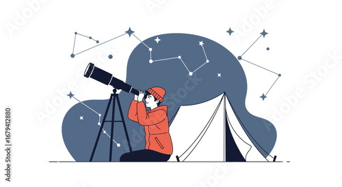 Person Observing Stars with a Telescope Near a Tent Under the Night Sky