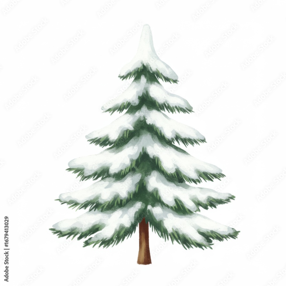 Obraz premium Single Snowy Green Christmas Tree Against White Background in Digital Illustration