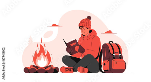 Person Reading A Book Beside A Campfire While Preparing For A Camping Trip