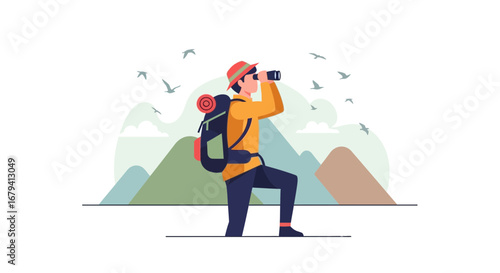 Scenic Hiker Gazing Through Binoculars, Observing Birds, and Appreciating Mountain Landscape
