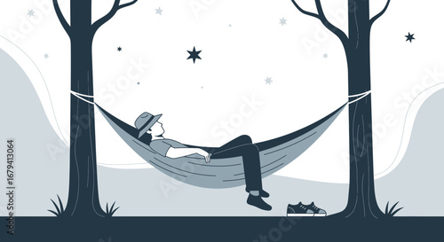 Person Relaxing In Hammock Under Stars, Peaceful Scene Depicting Serene Calmness And Comfort