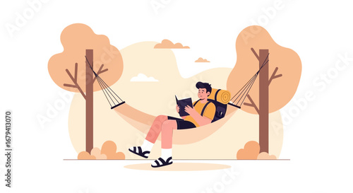 Person Relaxing In Hammock Reading Book During Camping Trip Cartoon Illustration