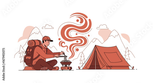 Scenic Illustration Of Adventurer Preparing Meal With Tent And Mountain Background