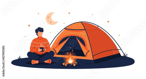 Person relaxing near a tent and campfire under the stars at night time camping scene