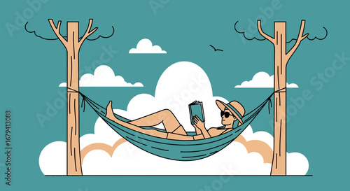 Person relaxing on a hammock reading a book with a hat enjoying the vacation