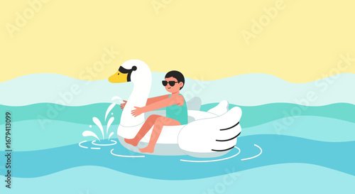 Person Relaxing On A Swan Float In The Peaceful Blue Ocean During The Summer Days