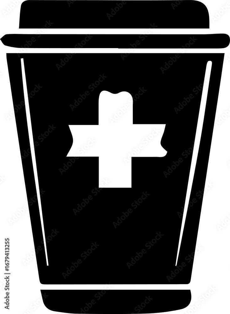 Obraz premium Black coffee cup with a cross on it. The cup is labeled with a medical symbol