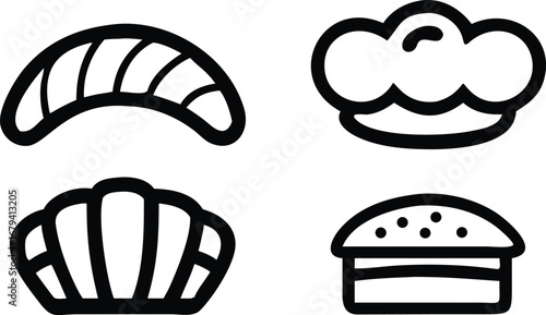 Collection of bakery icons featuring bread croissant and pie