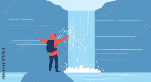 Person Relishing Waterfall Embrace Captivating Nature Adventure Artistic Illustration