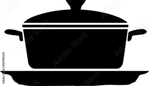 Black pot with a lid sits on a white background. The pot is the main focus of the image, and it is a cooking utensil. The white background provides a clean and simple contrast to the black pot