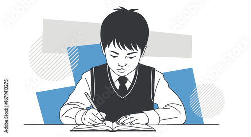 Schoolboy Concentrating On His Studies, Focusing On Writing Notes for Educational Purposes