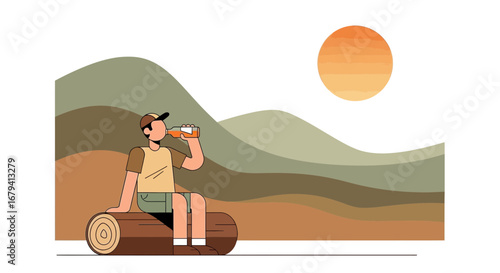 Person Resting, Enjoying Beverage While Sitting On Log With Scenic Mountain Background