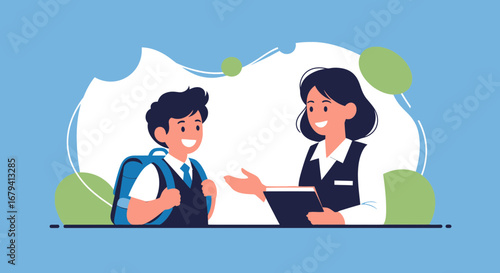 School Teacher Conversing With Student, Discussing Education, Knowledge And Learning